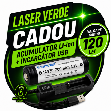 Kit alimentare laser verde (Acumulator Li-Ion + Încărcător USB) – Cadou, valoare 120 lei