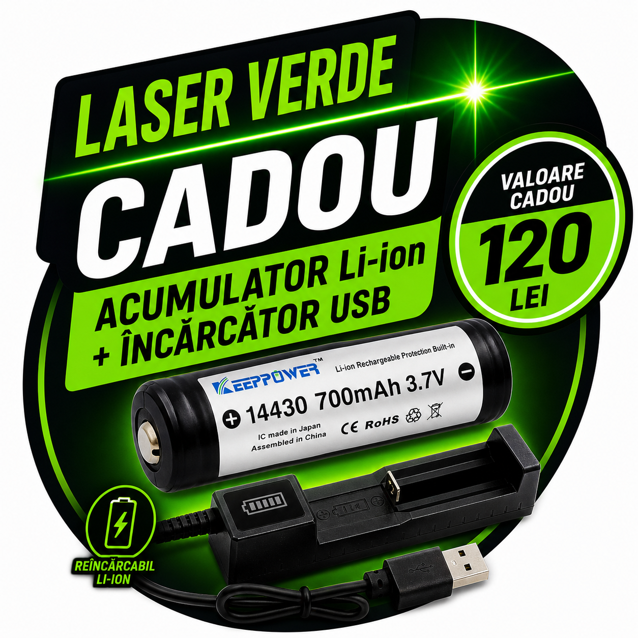 Acumulator Li-Ion si incarcator cadou Kit alimentare laser verde (Acumulator Li-Ion + Încărcător USB) – Cadou, valoare 120 lei - imagine 1