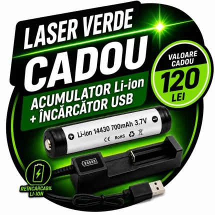 Kit alimentare laser verde (Acumulator Li-Ion + Încărcător USB) – Cadou, valoare 120 lei