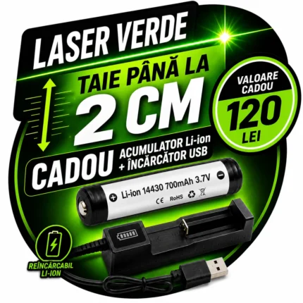 Kit alimentare laser verde Xtreme (Acumulator Li-Ion + Încărcător USB) – Cadou, valoare 120 lei