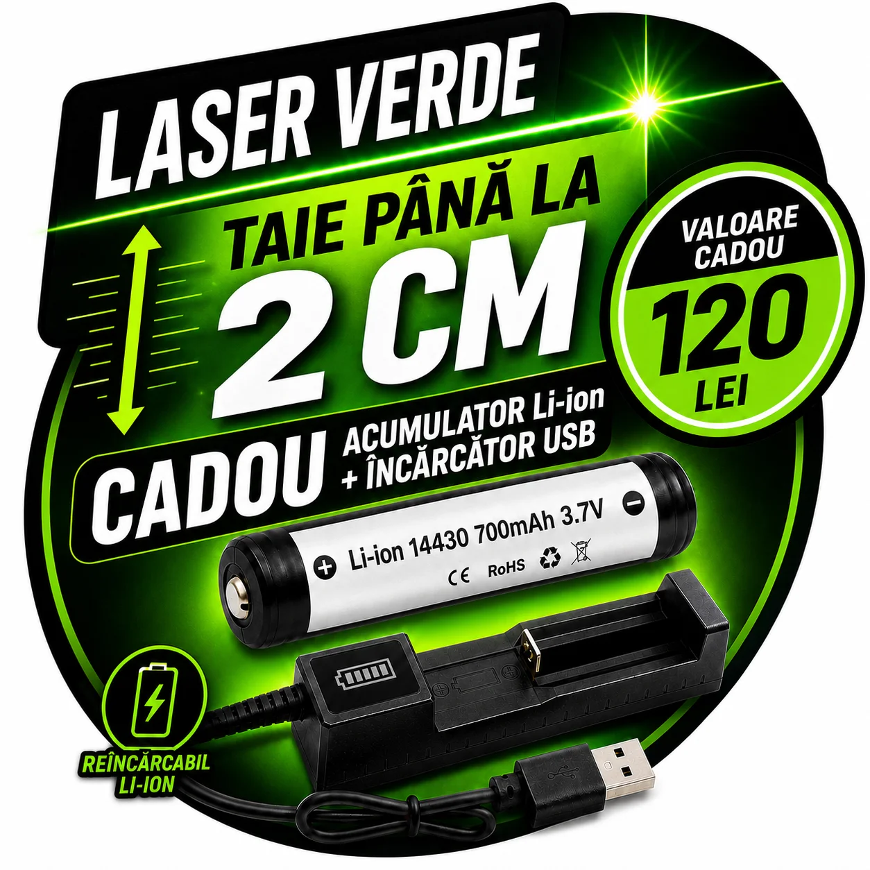 Pastilă laser verde Xtreme Kit alimentare laser verde Xtreme (Acumulator Li-Ion + Încărcător USB) – Cadou, valoare 120 lei - imagine 1